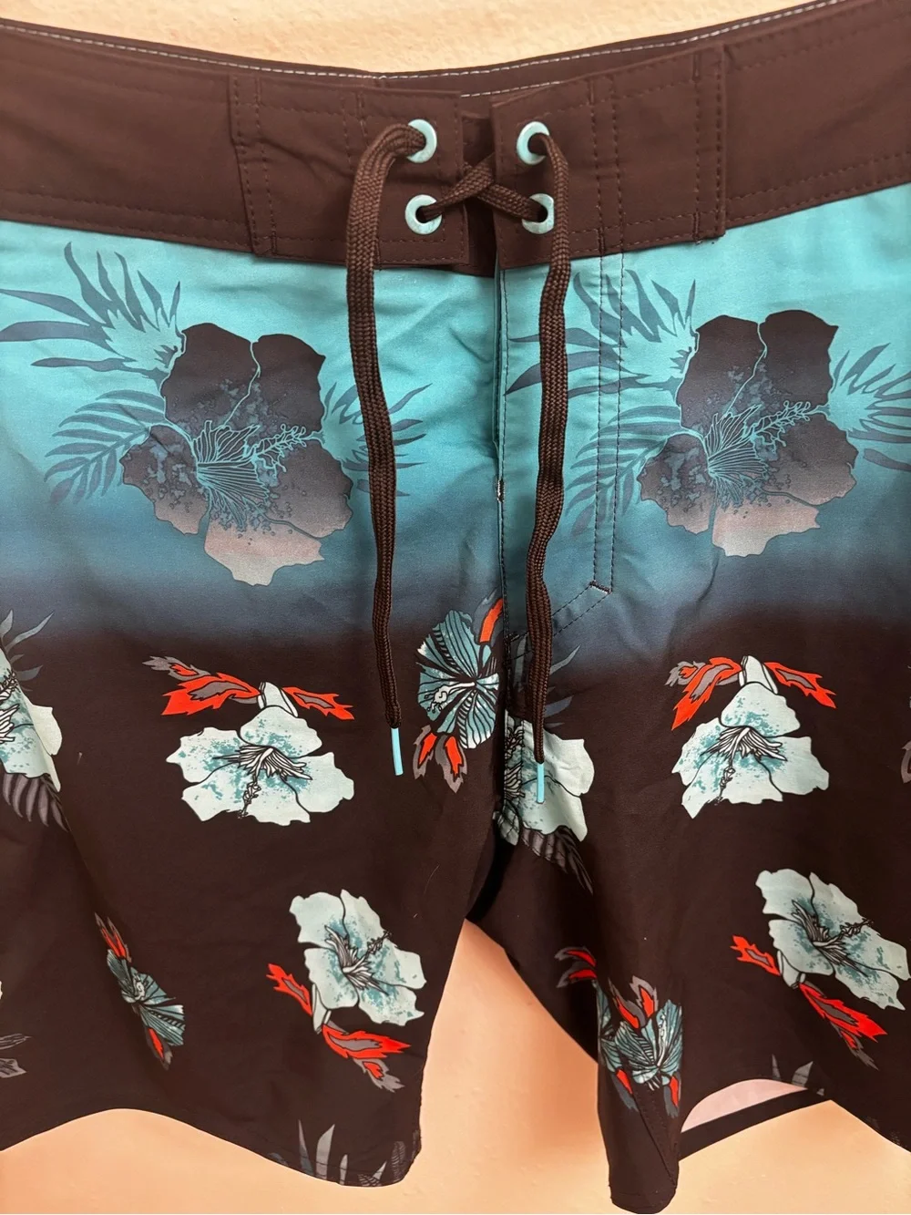 Burnside Men's Black & Teal Tropical Floral Swim Trunks Drawstring Waist 30